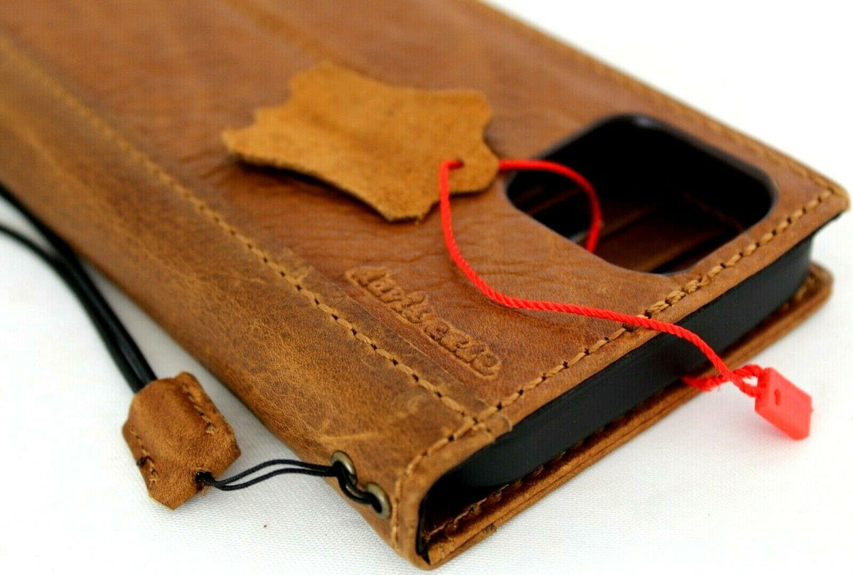 DavisCase genuine full tan leather iPhone 12 Pro Max case with book wallet style, ID window, credit card slots, soft full grain cover