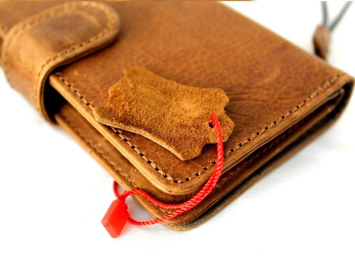 Genuine tan leather iPhone 12 Pro Max wallet case by DAVISCASE with ID window, card slots, magnetic cover, vintage design.