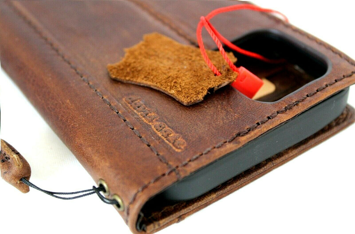 Genuine dark natural leather iPhone 12 Mini wallet case by DAVISCASE with vintage design, slim soft cover and card slots.