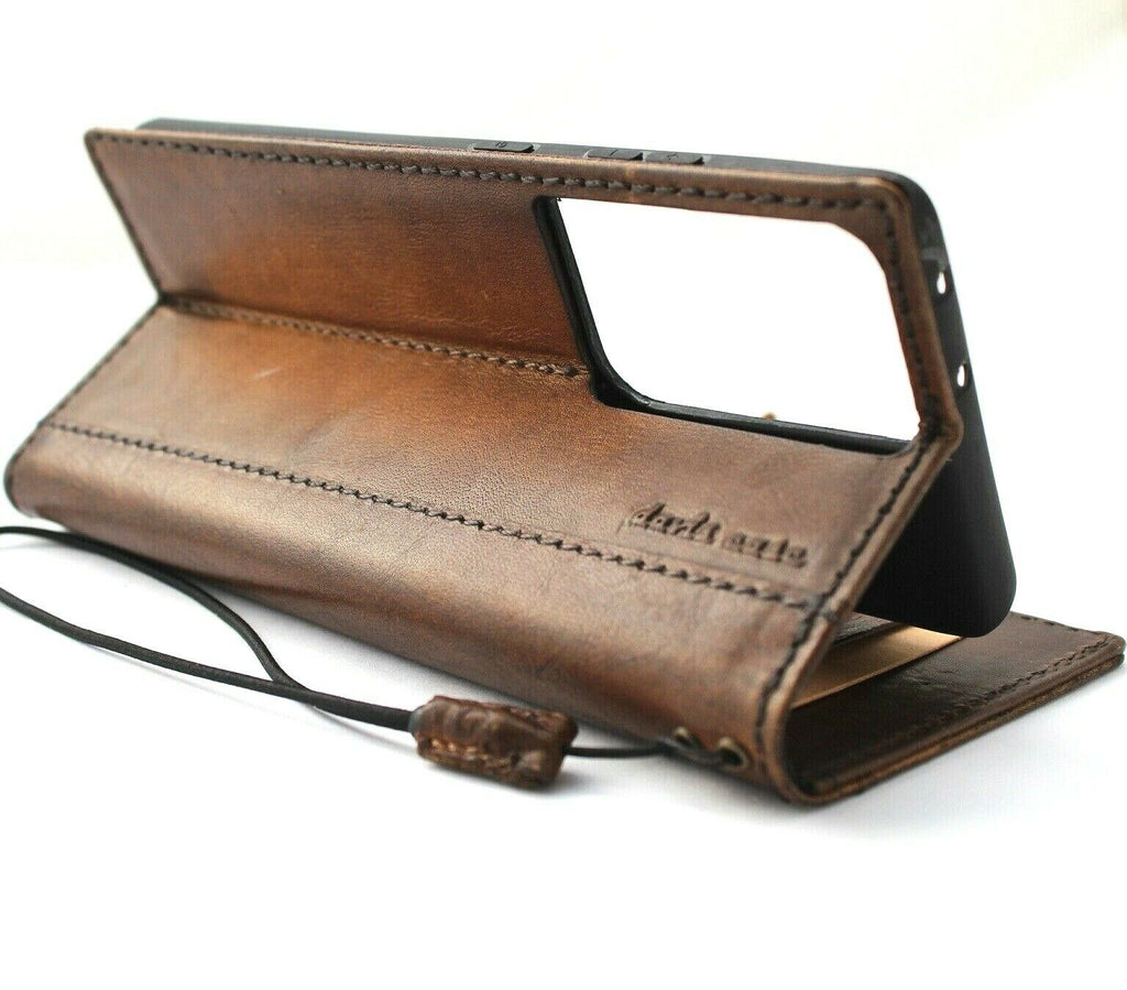 Genuine vintage leather Galaxy S21 Ultra 5G case by DAVISCASE with wallet design, card slots, ID window, and rubber stand feature