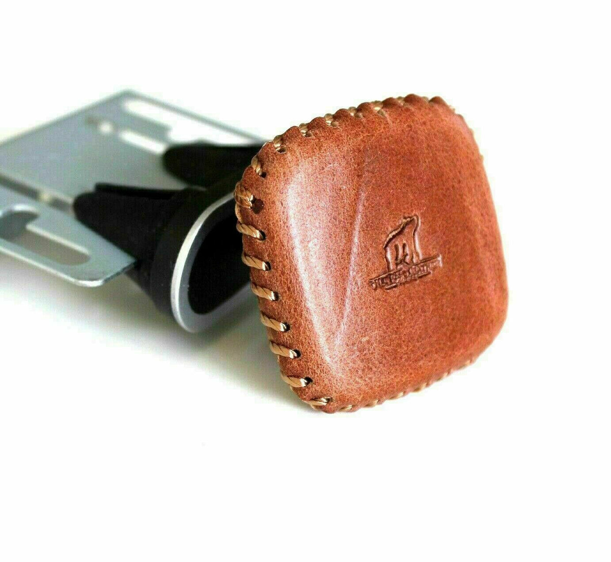Genuine dark soft leather iPhone SE 2 case with wallet design, magnetic closure, and built-in card slots, shown with magnetic car holder.