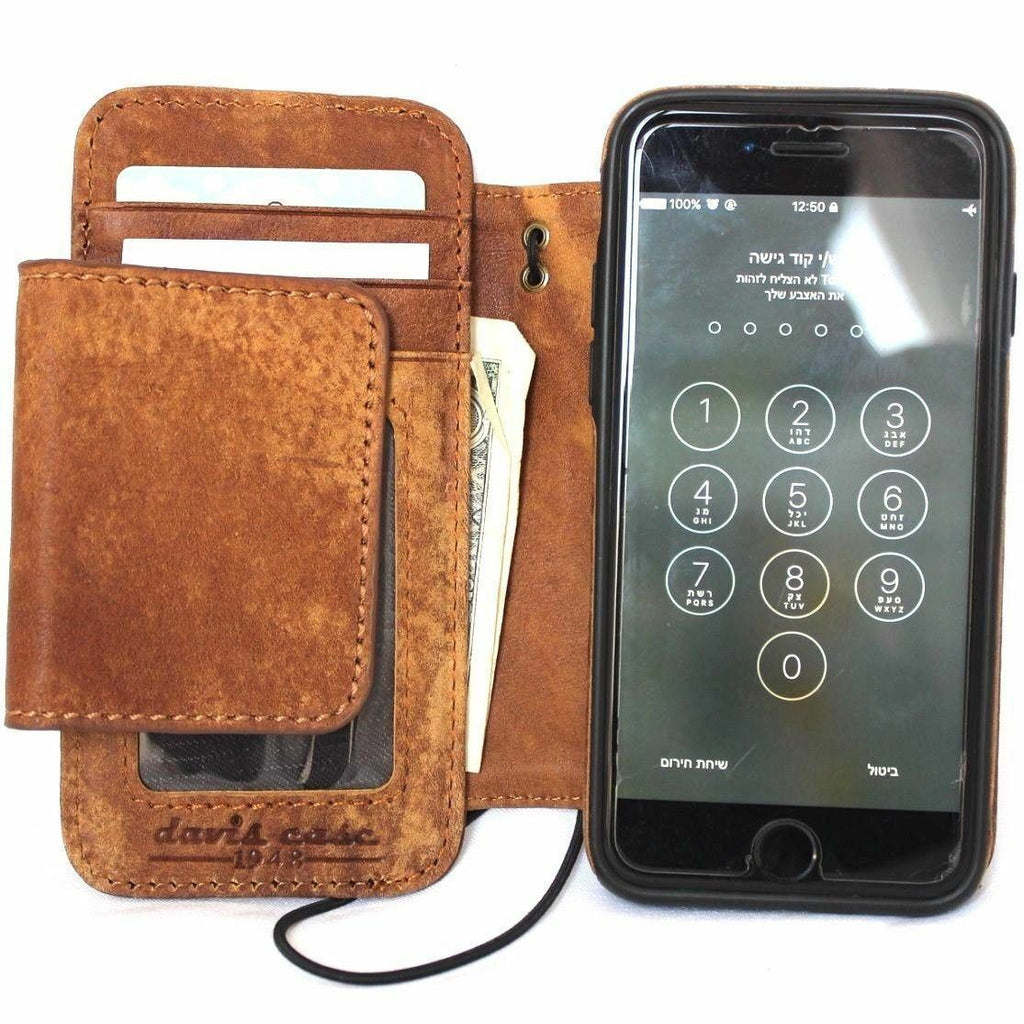 DavisCase genuine full leather iPhone SE 2 2020 wallet case with card slots, magnetic closure, slim design, and detachable cover.