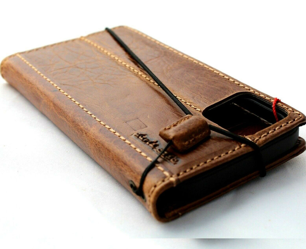 Handmade vintage leather wallet phone case for iPhone 13-17 Pro Max and Air, featuring full grain tan leather and card slots.