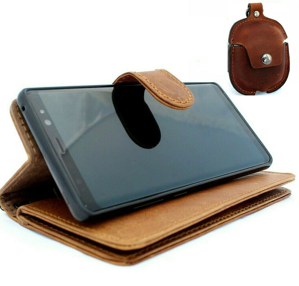 Handmade genuine leather Samsung Galaxy Note 10 wallet case with window, stand feature, removable cover, and AirPods 2 compartment.