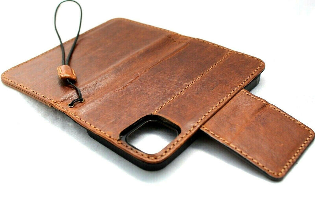 Genuine full tan leather wallet phone case for Apple iPhone 12 mini by DAVISCASE, featuring vintage style, credit card slots, and magnetic closure.