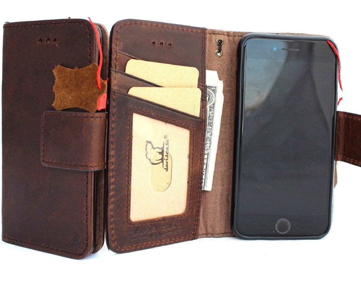Genuine dark soft leather wallet case for iPhone SE 2 with card slots and magnetic closure, slim and classic Davis design.