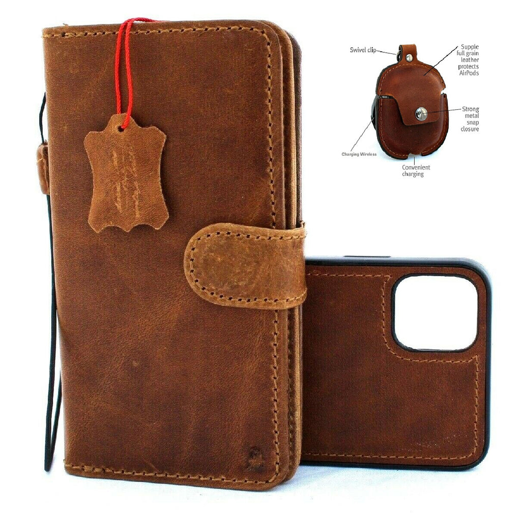 Handmade genuine leather iPhone 11 Pro Max case with wallet, credit holder, magnetic closure, and AirPods 2 holder in tan color.