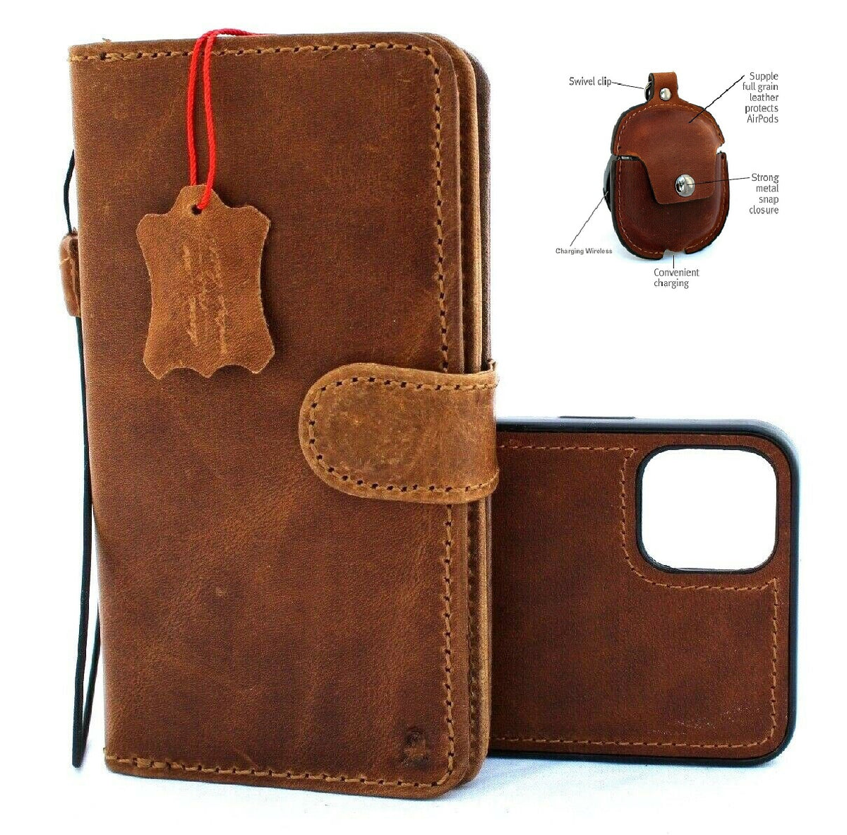 Handmade genuine leather iPhone 11 Pro Max case with wallet, credit holder, magnetic closure, and AirPods 2 holder in tan color.