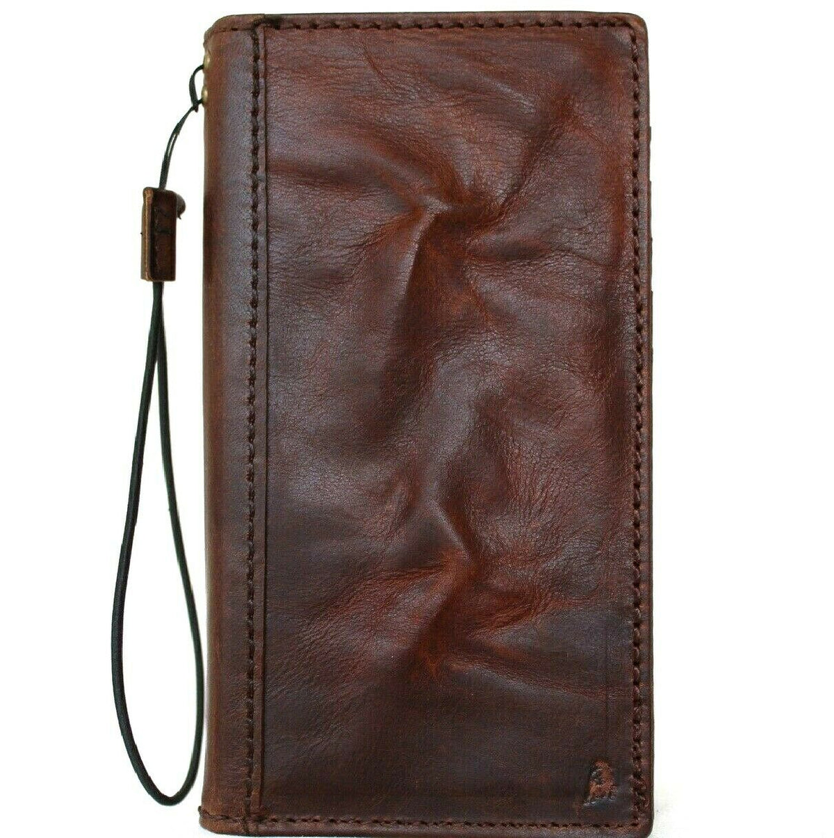 Dark vintage leather Samsung Galaxy S21 Plus wallet case with ID window, card slots, and wireless charging compatibility by DavisCase.