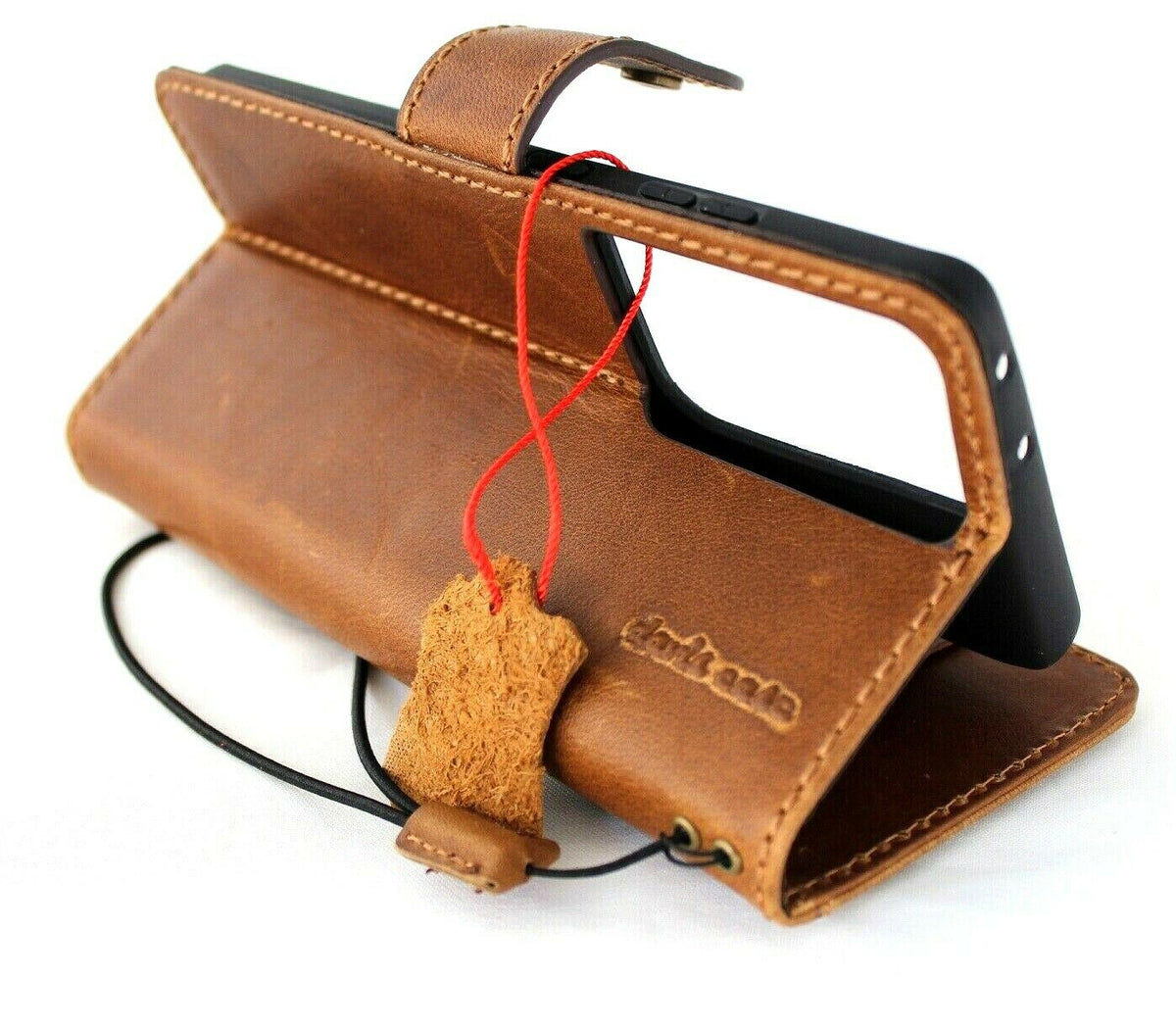 Genuine tan leather Samsung Galaxy S21 Ultra 5G wallet case by DAVISCASE with rubber holder, wireless charging compatible, handmade.