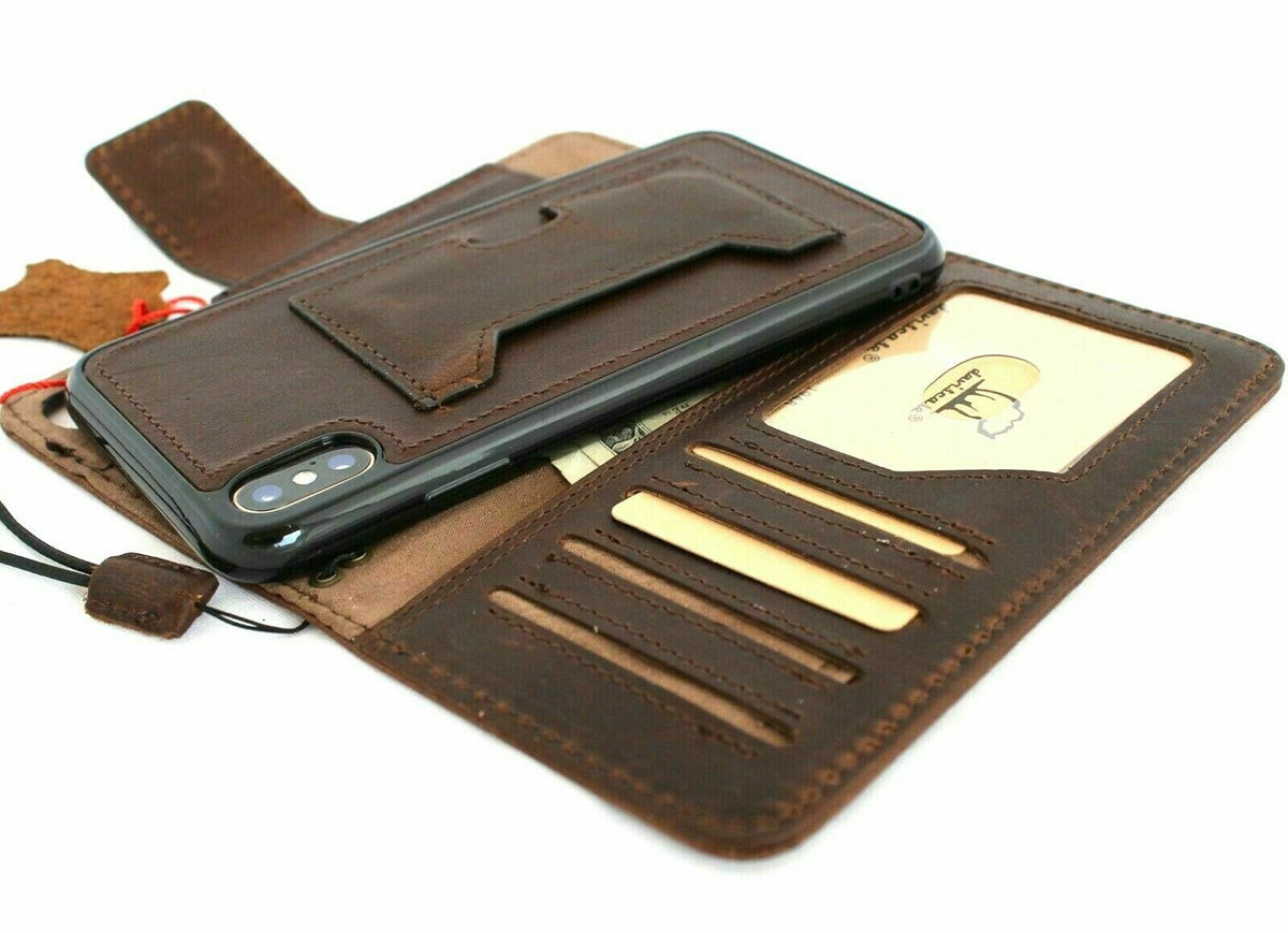 Genuine dark leather Apple iPhone XS case with vintage wallet design, magnetic closure, credit holder, and removable cover by DAVISCASE.