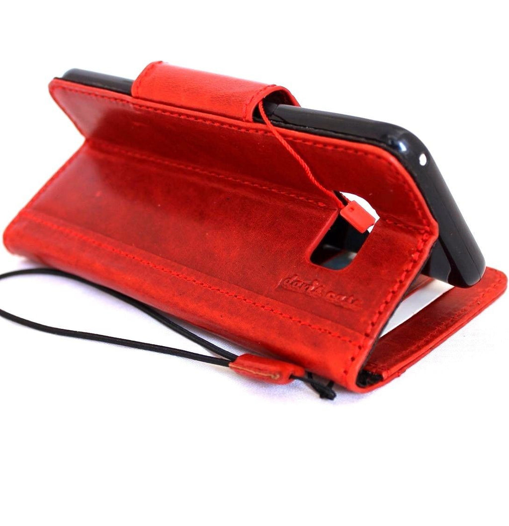 Genuine vintage red oil leather wallet case for Samsung Galaxy S8 Plus with magnetic closure, handmade phone cover.