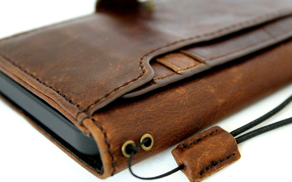 Handmade dark leather iPhone 12 Pro case with ID window, credit card slots, vintage style, soft full grain leather by DAVISCASE.