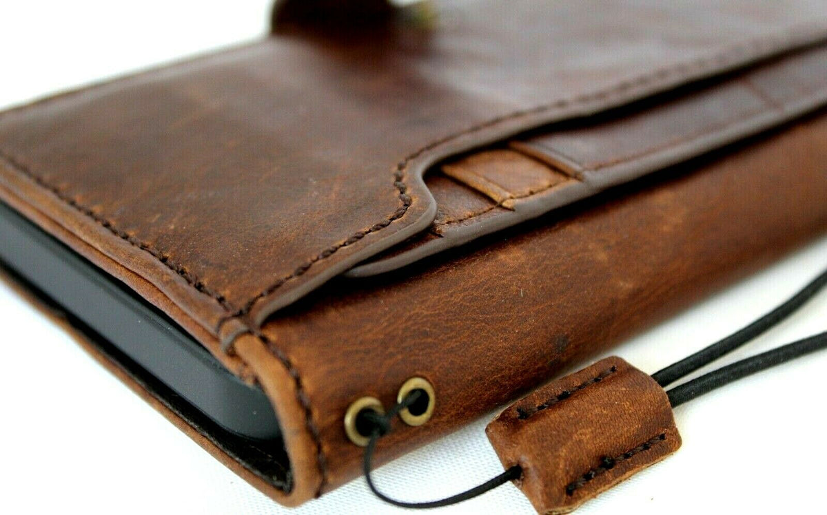 Handmade dark leather iPhone 12 Pro case with ID window, credit card slots, vintage style, soft full grain leather by DAVISCASE.
