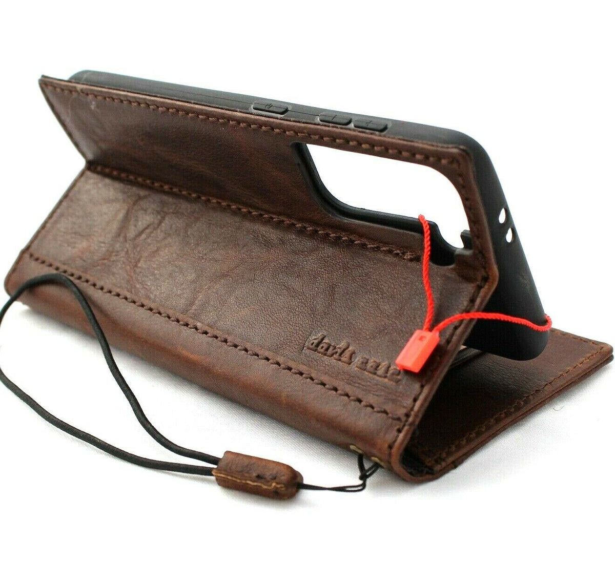 Genuine vintage leather Galaxy S21 book wallet case by DavisCase with ID window, card slots, wireless charging holder, and luxury design.