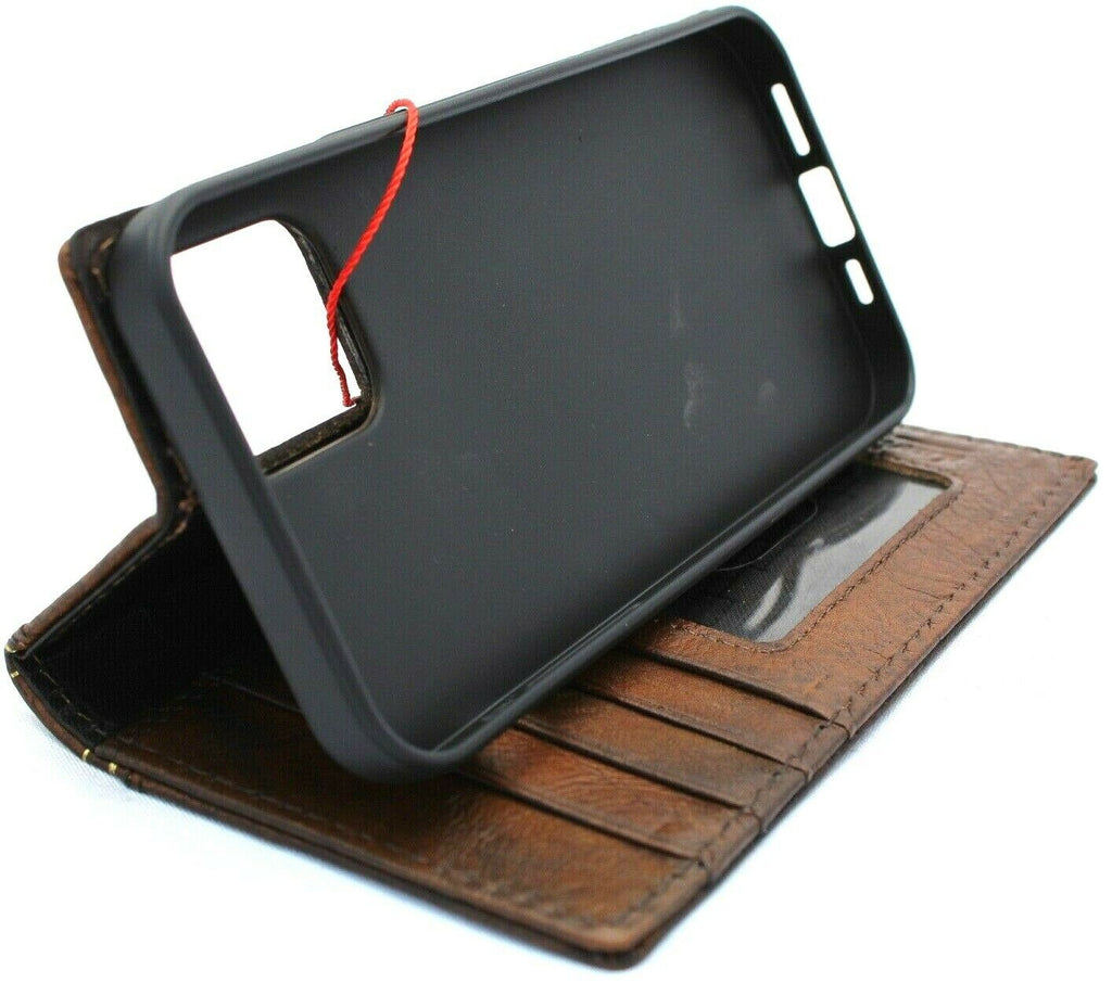 Handmade genuine leather phone case for iPhone 12 by DAVISCASE with wallet-style design, credit card slots, soft full grain cover.