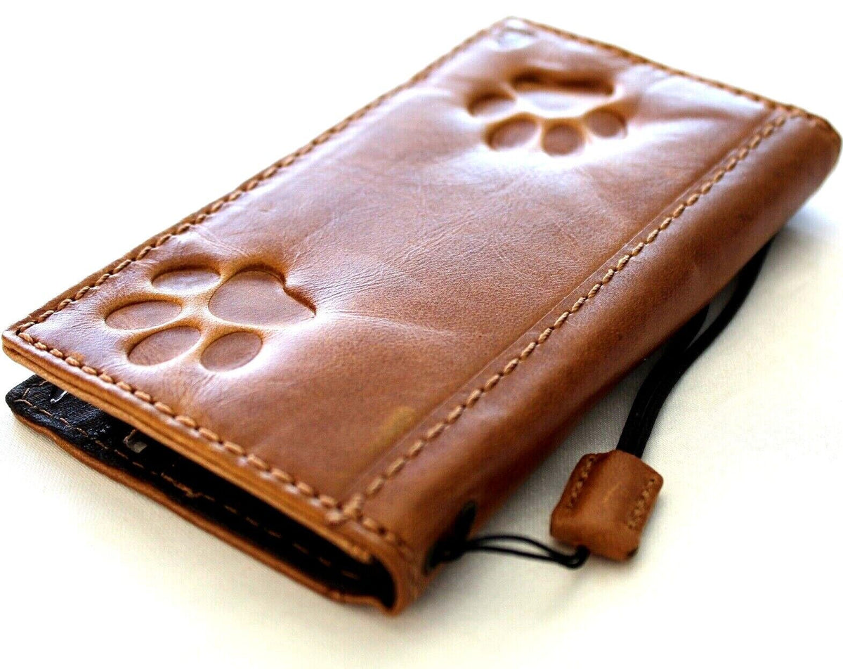 Vintage leather phone case for iPhone 11-15 Pro Max, handmade by DAVISCASE with dog paw and cat stamped design, credit card slots included.