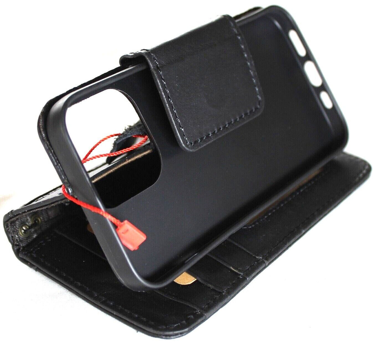 Handmade genuine leather phone case for iPhone 11-15 Pro Max, with ID window and credit card slots, vintage style by DAVISCASE
