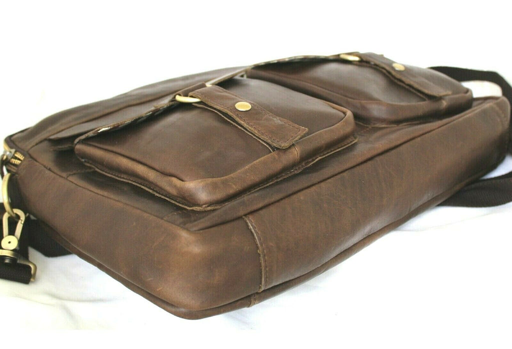 Men's genuine soft leather shoulder satchel bag by DavisCase, featuring a sleek design with a tablet and laptop compartment.