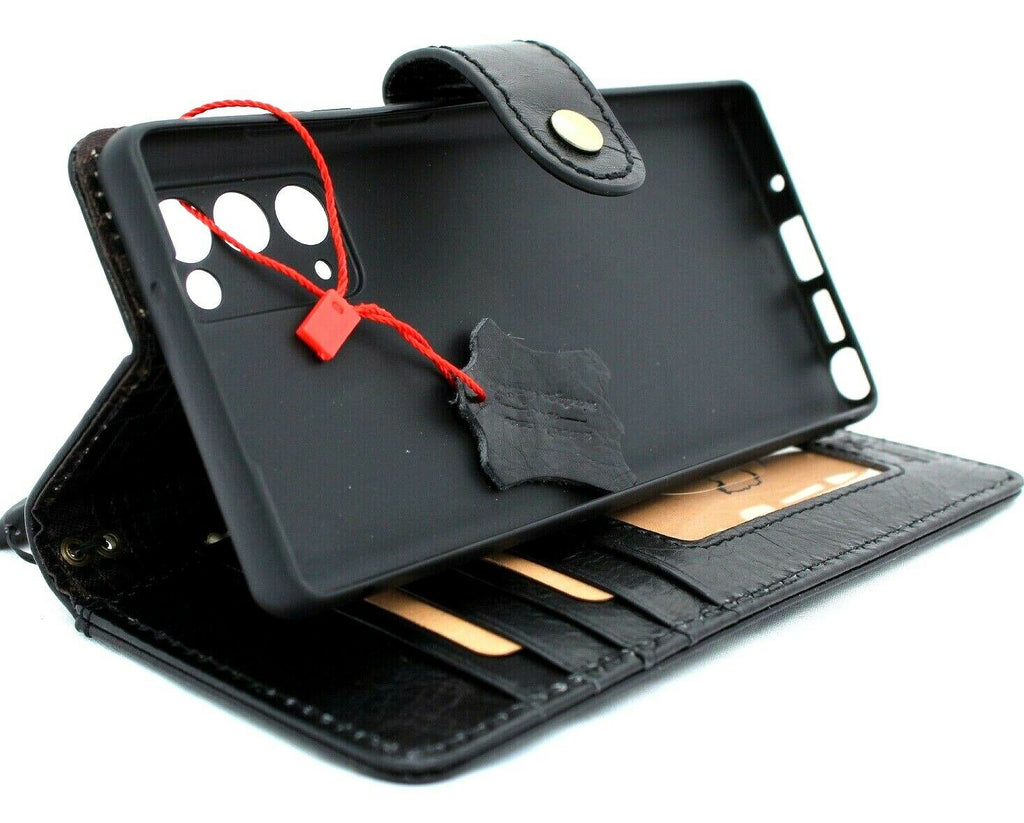 Black leather Samsung Galaxy Note 20 5G case with card holder, ID window, soft wallet design, DavisCASE branding, suitable for wireless charging.