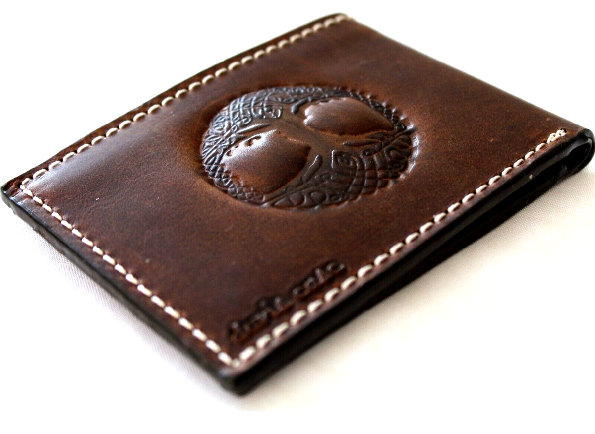 Men's genuine leather wallet by DAVISCASE with credit card slots and bill compartment, featuring a handmade Tree of Life design in brown