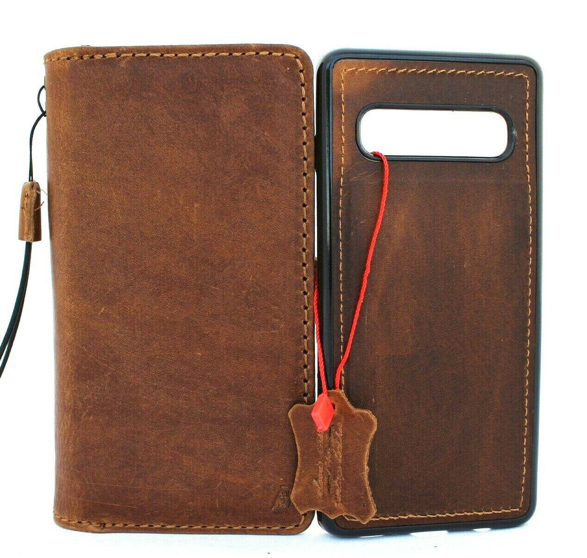 Genuine leather Samsung Galaxy S10 wallet case by DAVISCASE with card slots, window, magnetic closure, and removable cover.