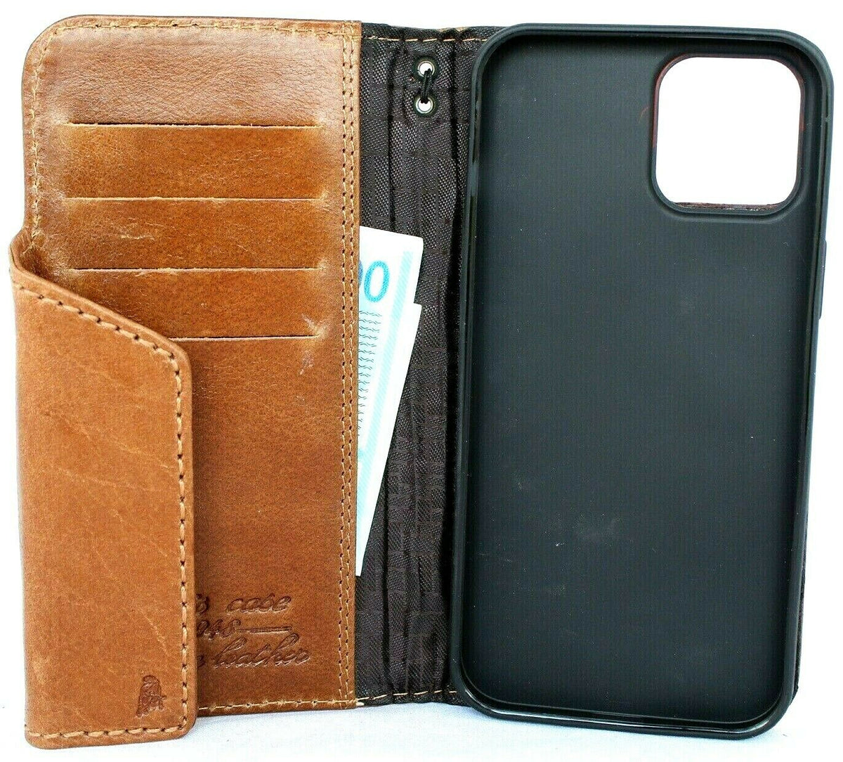 Genuine tan leather wallet case for Apple iPhone 12 Pro Max, with credit card slots and soft cover by DAVISCASE.
