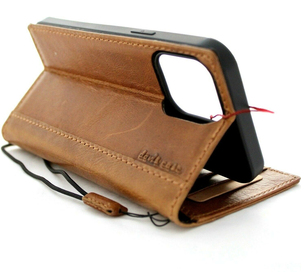 Handmade DAVISCASE leather phone case with vintage mini eagle embossing for iPhone and Galaxy models, featuring wallet-style design.