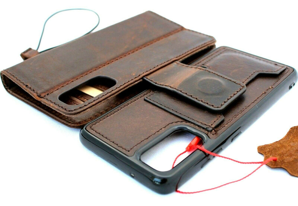 DavisCase genuine full leather Galaxy S20 book wallet case with removable slots, soft interior, rubber holder, and wireless charging compatibility.