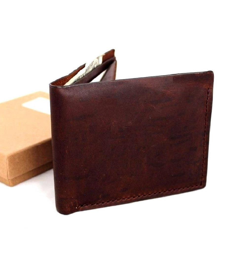 Men's brown DavisCase leather wallet with 4 credit card slots and a bill compartment, slim and handmade design.