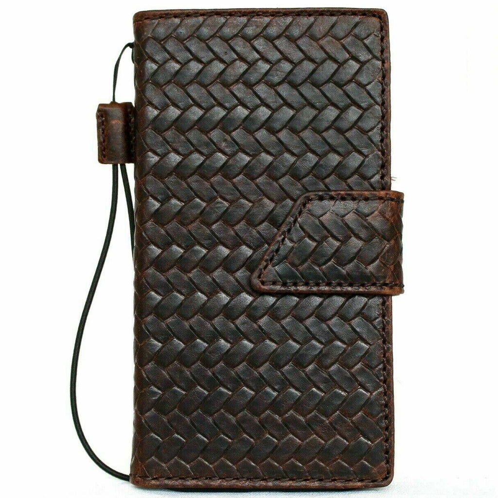 Genuine dark leather iPhone 12 Pro case with vintage braid design, ID window, credit card slots, magnetic closure, handmade by DAVISCASE