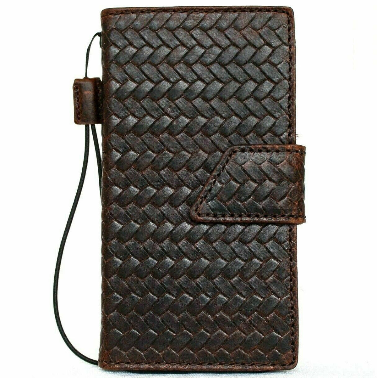 Genuine dark leather iPhone 12 Pro case with vintage braid design, ID window, credit card slots, magnetic closure, handmade by DAVISCASE