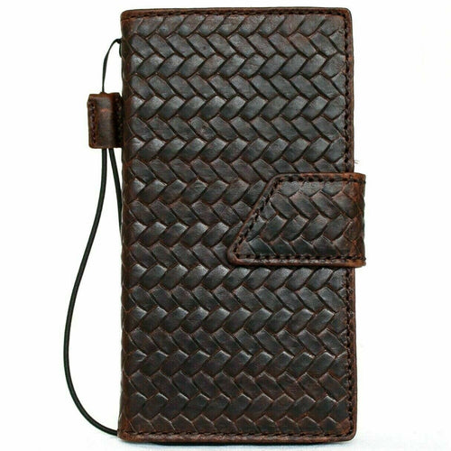Genuine dark leather iPhone 12 Pro case with vintage braid design, ID window, credit card slots, magnetic closure, handmade by DAVISCASE