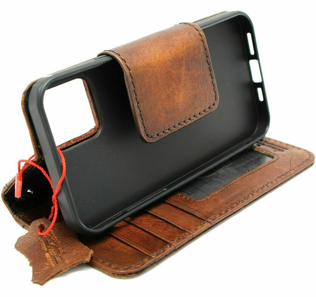 Genuine dark vintage leather iPhone 12 case by DAVISCASE with wallet slots, soft cover, magnetic closure, handcrafted luxury.