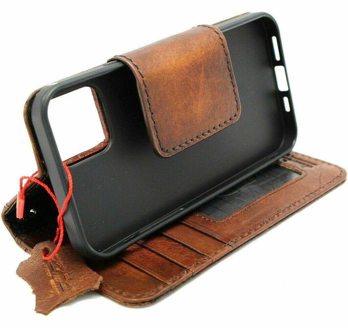 Genuine dark vintage leather iPhone 12 case by DAVISCASE with wallet slots, soft cover, magnetic closure, handcrafted luxury.