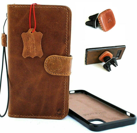 Genuine Real Leather Case For Apple iPhone 11 (6.1") Cover Wallet Credit cards Holder Magnetic Book Tan Removable Detachable Prime Holder Vintage + Magnetic Car Holder