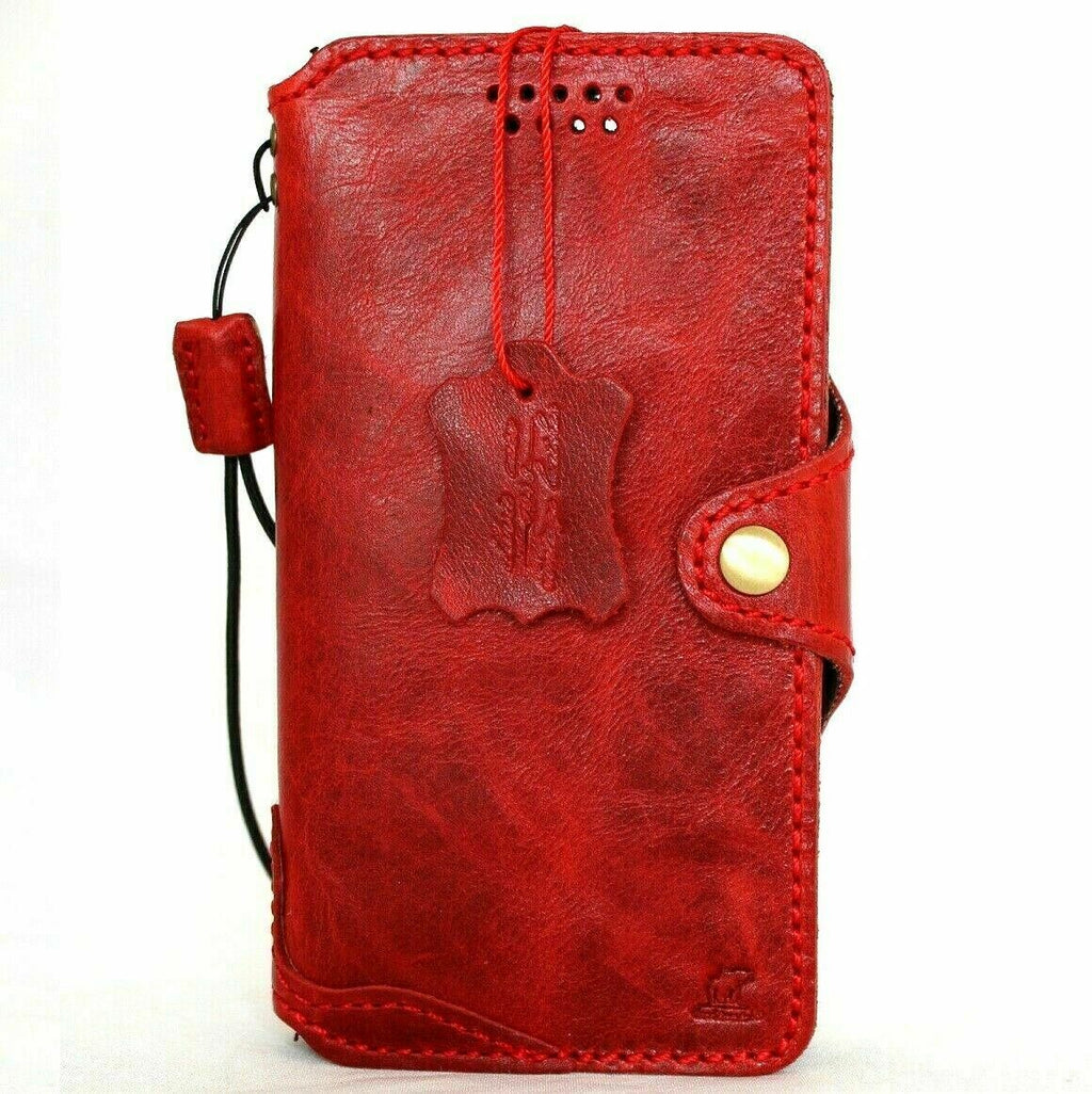 Red genuine leather flip wallet case for Samsung Galaxy Note 10 by DAVISCASE, featuring a slim design and strap, handcrafted for protection.