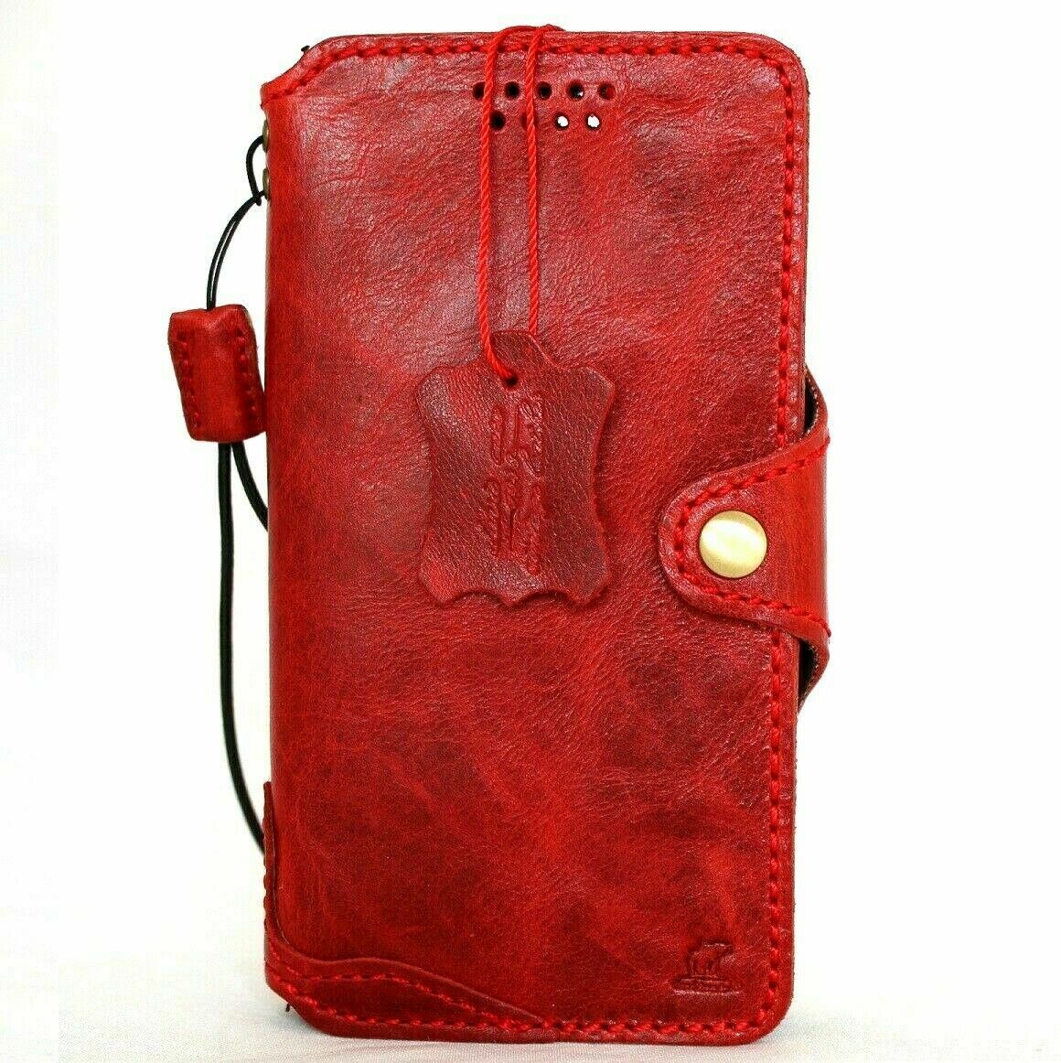 Red genuine leather flip wallet case for Samsung Galaxy Note 10 by DAVISCASE, featuring a slim design and strap, handcrafted for protection.