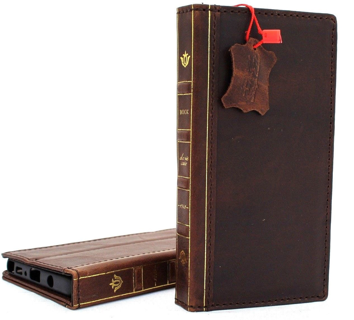 Dark vintage genuine leather Samsung Galaxy Note 9 wallet case with card slots, slim design, and Bible book style from DAVISCASE.