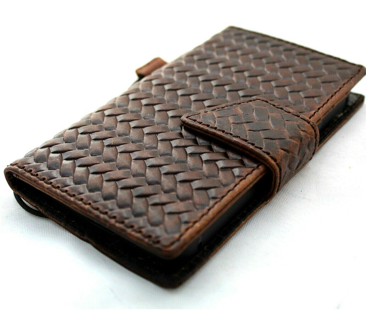 Handmade genuine leather phone case for Apple iPhone models 8 through 17, featuring vintage style, magnetic closure, and wallet design.