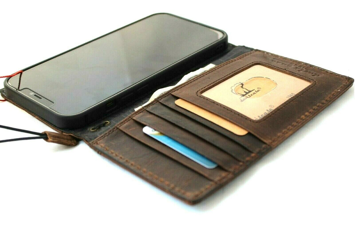 Handmade genuine leather phone case for Samsung Galaxy S22, S21, S20, Note 10, A53, A71, and more, with vintage wallet and Bible style.