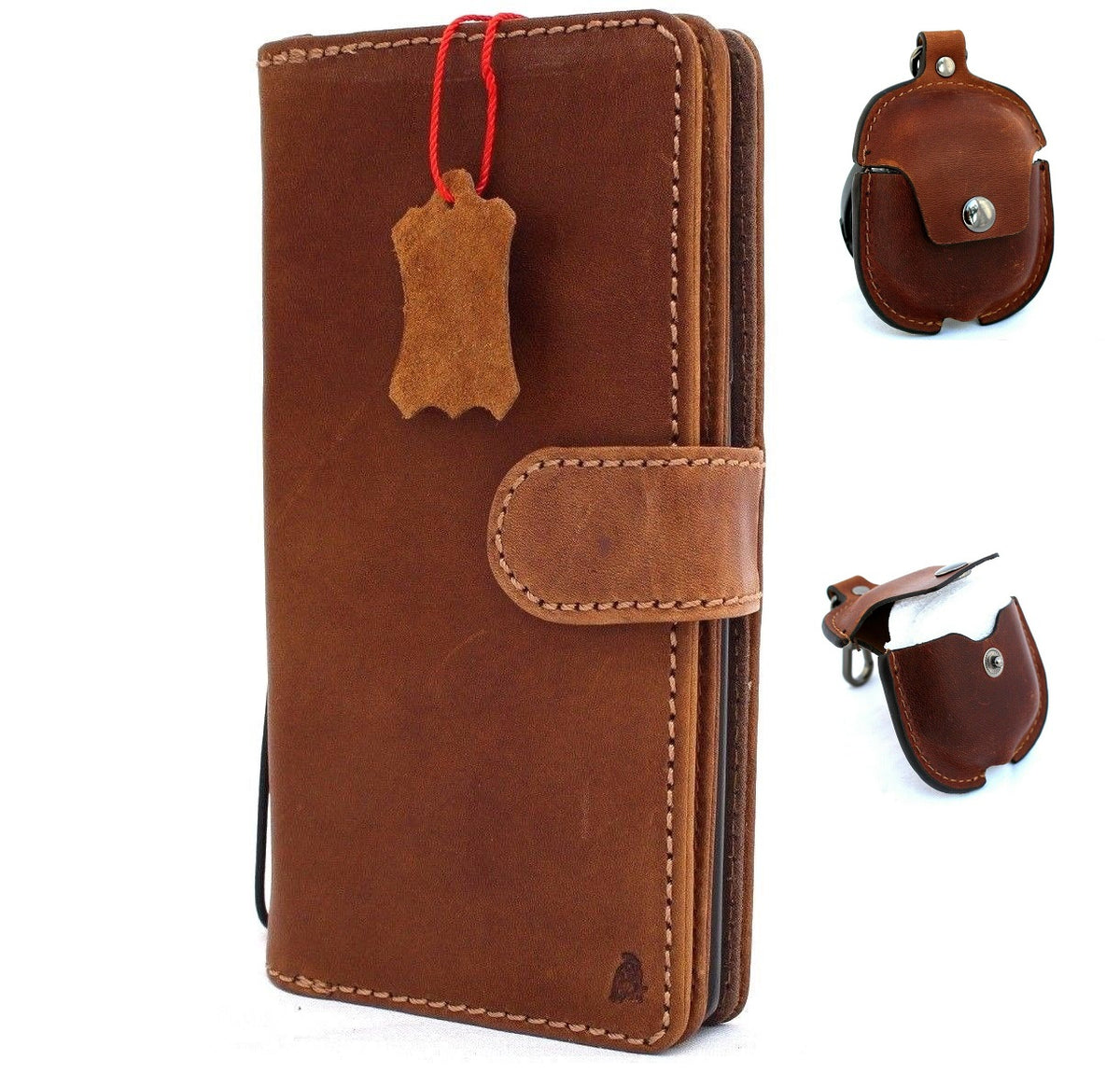 Genuine full leather Samsung Galaxy Note 9 wallet case with card slots, magnetic holder, vintage style, and AirPods 2 storage pouch.