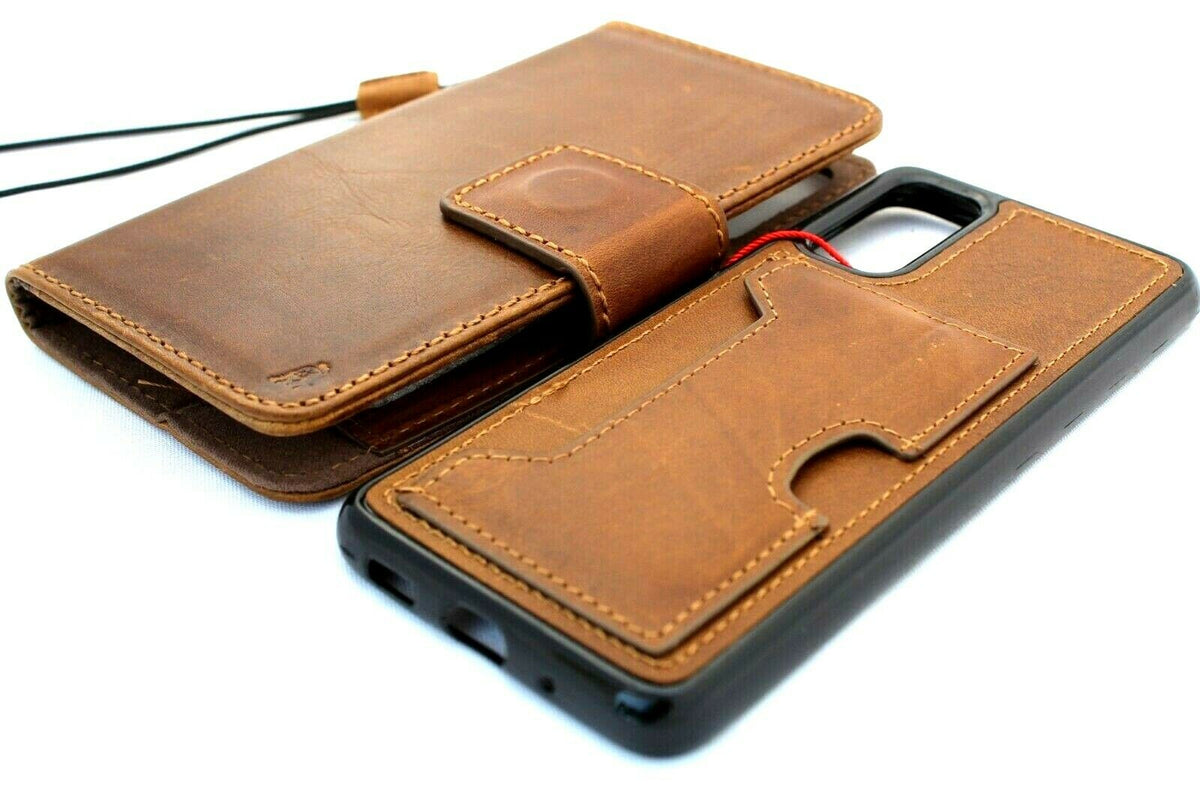 Genuine DavisCase Galaxy S20 full leather book wallet case in soft tan with luxury slots, removable holder, and wireless charging compatibility.