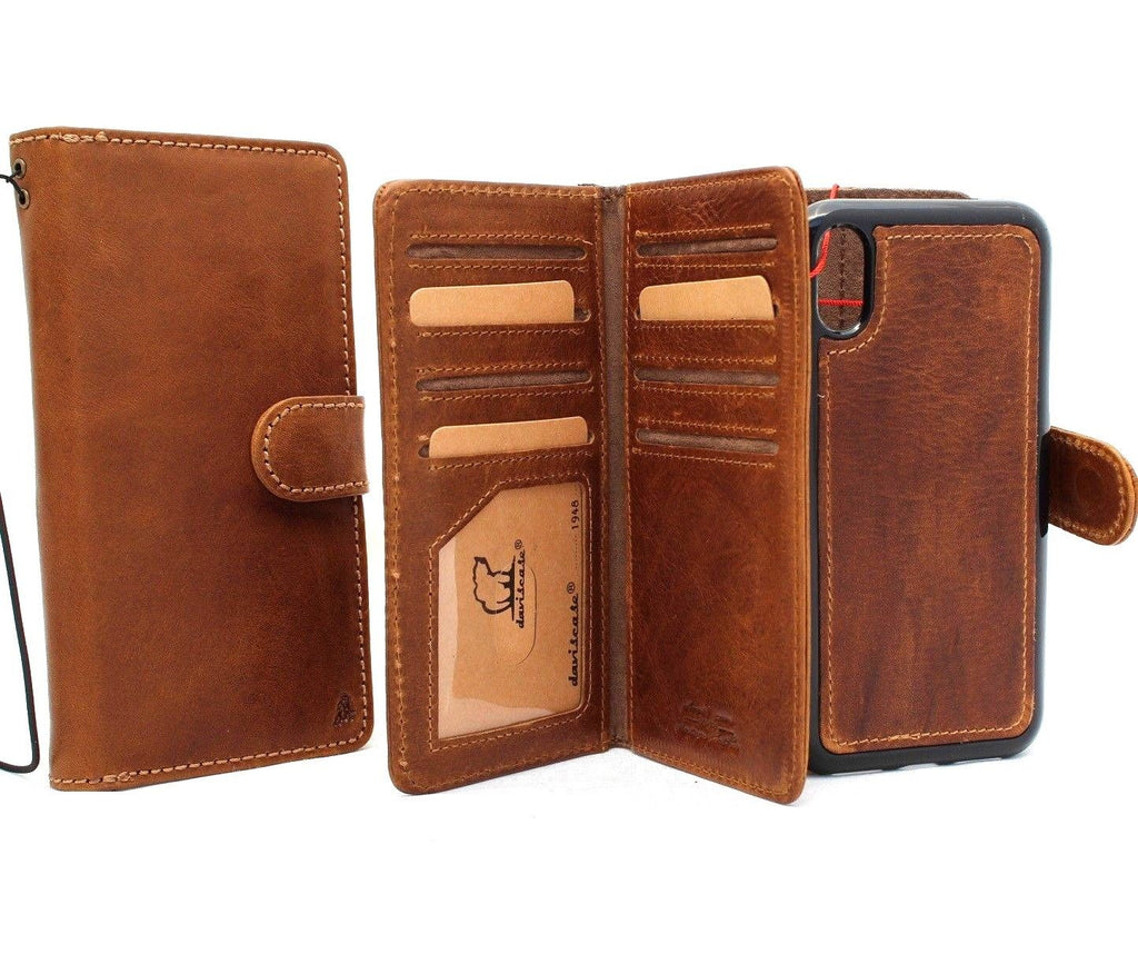 Leather wallet case for Apple iPhone XR by DAVISCASE, featuring magnetic closure, slim design, tan color, and removable credit holder.
