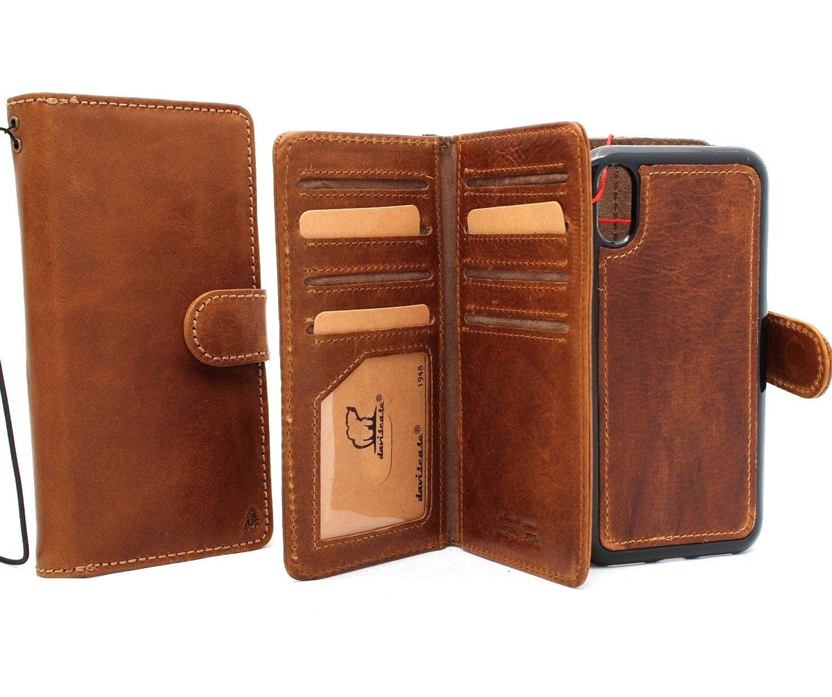 Leather wallet case for Apple iPhone XR by DAVISCASE, featuring magnetic closure, slim design, tan color, and removable credit holder.