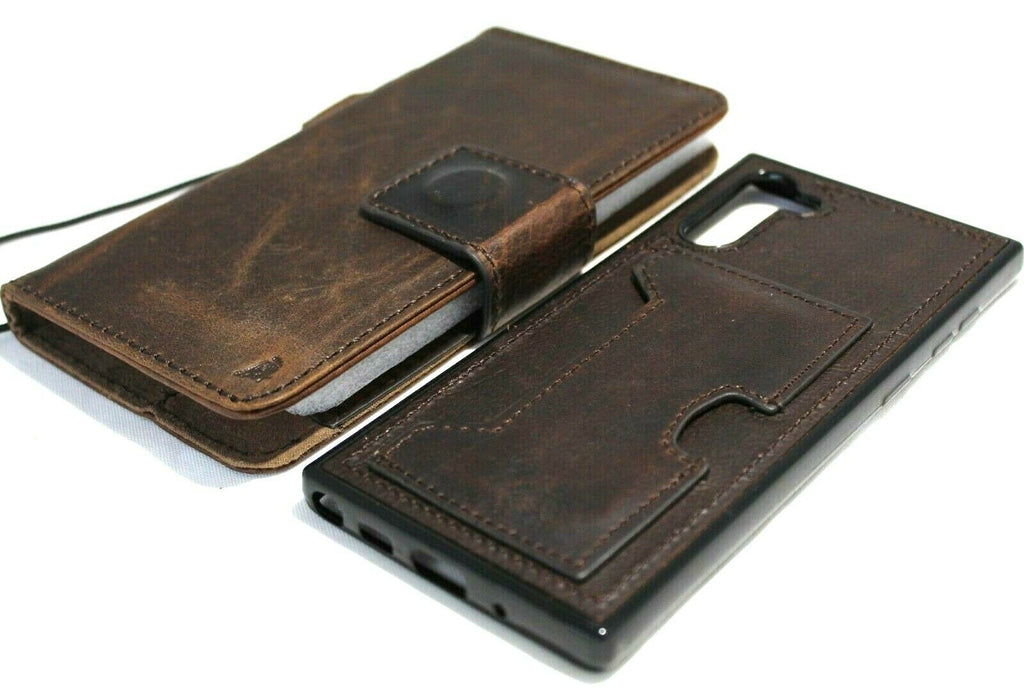 Genuine dark leather Galaxy Note 10 case by DavisCase featuring a book-style wallet cover, window, removable stand, and wireless charging.