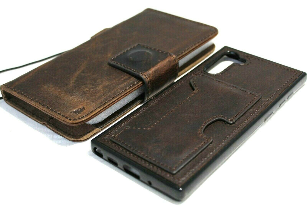 Genuine dark leather Galaxy Note 10 case by DavisCase featuring a book-style wallet cover, window, removable stand, and wireless charging.