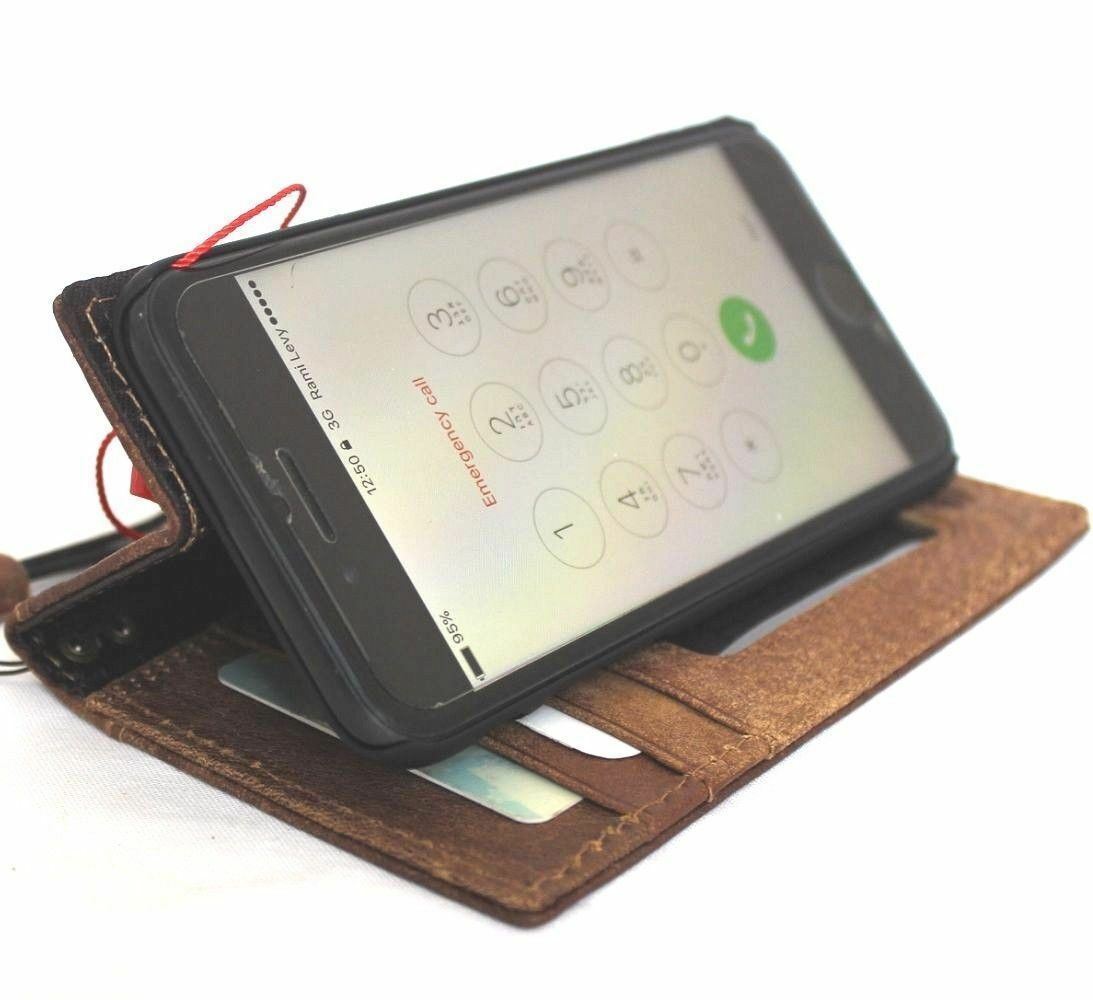 Genuine bright brown soft leather iPhone SE 2 case with wallet-style design, soft interior, and slim profile for wireless charging.
