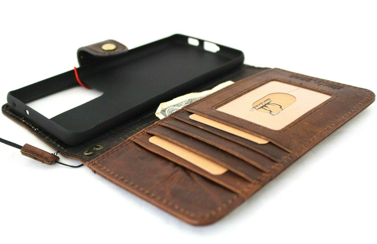 Dark genuine top grain leather case for Samsung Galaxy S21 Ultra 5G by DAVISCASE, featuring a handmade wallet style with rubber holder.