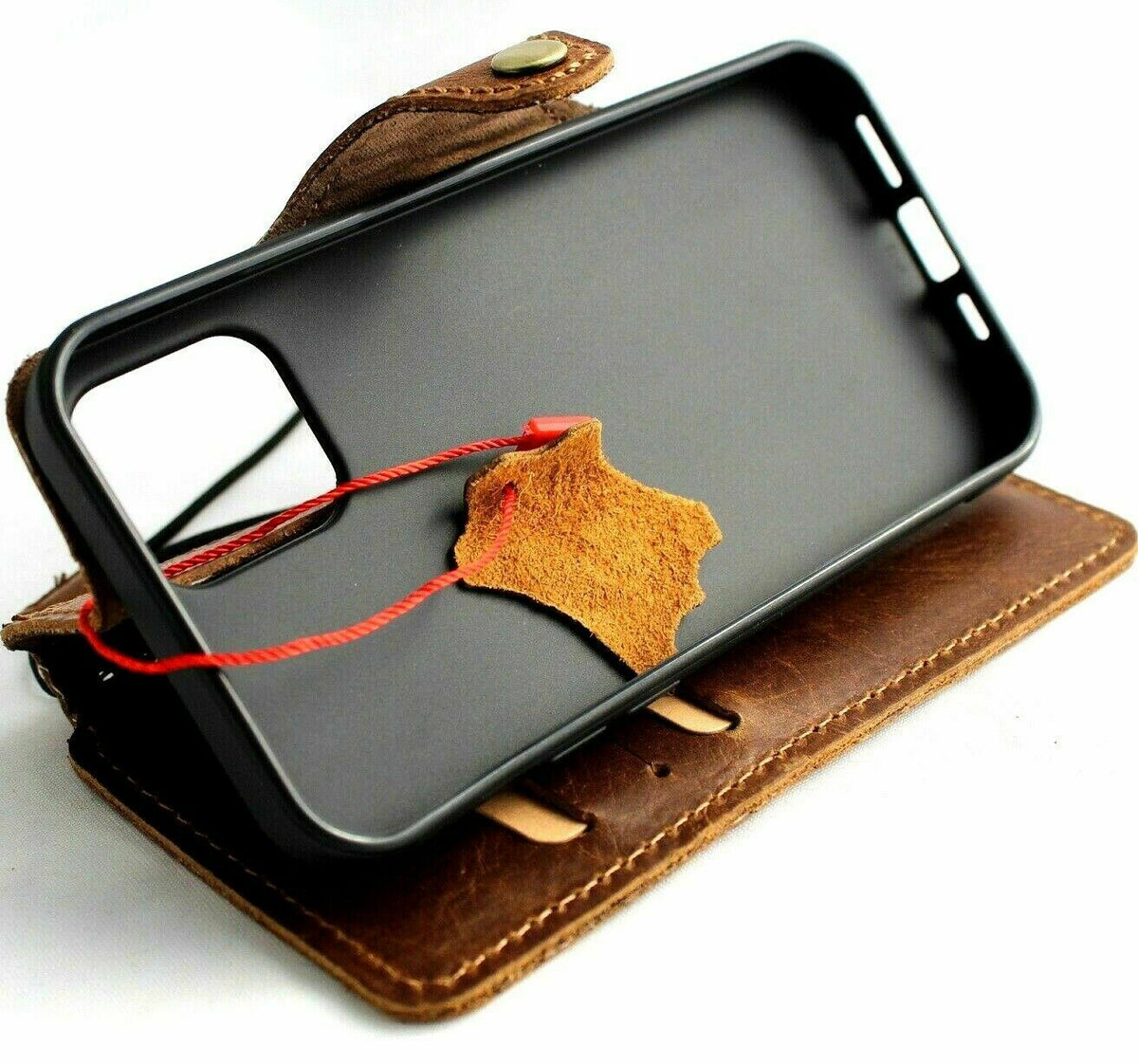 Handmade vintage tan leather wallet case for iPhone 15, 16, 17 Pro Max and Air 8 Plus by DAVISCASE, featuring card slots and classic design.